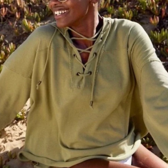 Aerie Oversized Comfy Lace Up Pullover Hoodie Sweatshirt Green Size Small - Picture 5 of 6